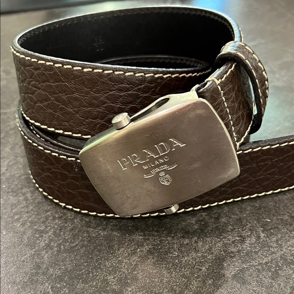 Prada Dark Brown Leather Belt with Silver-Tone Buckle